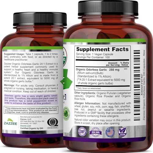Zazzee Extracto de Ajo Orgánico USDA Sin Olor 20:1, 1% Alicina, 100 Cápsulas Veganas, Suministro de 3+ Meses, Apoyo Inmunológico y Cardiovascular, - imagen 8