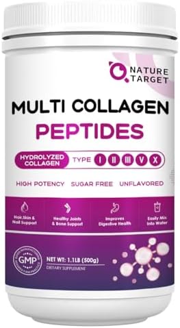 NATURE TARGET Polvo de Péptidos de Colágeno Múltiple - Tipos I, II, III, V, X - Colágeno Hidrolizado con Vitamina C y Ácido Hialurónico, Apoya Piel, - imagen 1