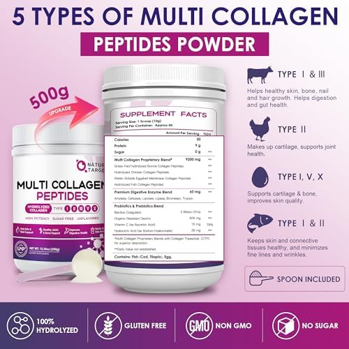 NATURE TARGET Polvo de Péptidos de Colágeno Múltiple - Tipos I, II, III, V, X - Colágeno Hidrolizado con Vitamina C y Ácido Hialurónico, Apoya Piel, - imagen 2