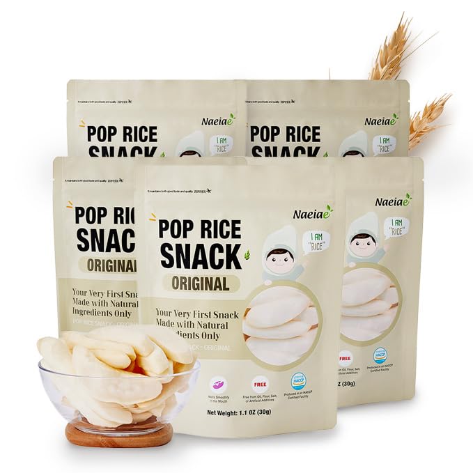 Naeiae Snack de Arroz Pop para Bebés y Niños Pequeños (100% Arroz Coreano, Sin Gluten, Sin Aceite) Alimento Saludable para Dentición, 5 Paquetes - imagen 1