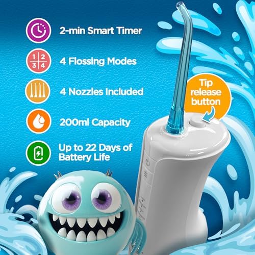 Hilo Dental Portátil GuruNanda para Niños - 4 Modos, 4 Boquillas, Temporizador de 2 Min, Tema Monster Frens, A partir de 6 Años - imagen 3