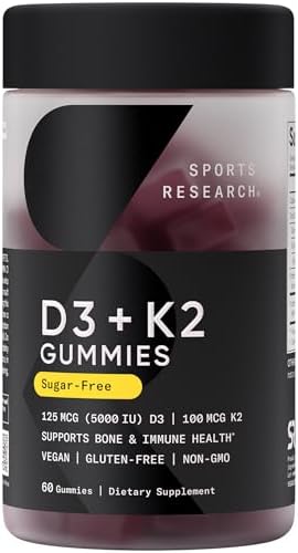 Gomitas Veganas Sin Azúcar Sports Research® con Vitamina D3 + K2 - 125mcg (5000iu) D y 100mcg K Mk7 - 60 Piezas para Huesos y Salud Inmunológica - imagen 1