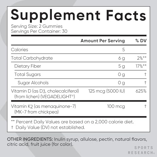 Gomitas Veganas Sin Azúcar Sports Research® con Vitamina D3 + K2 - 125mcg (5000iu) D y 100mcg K Mk7 - 60 Piezas para Huesos y Salud Inmunológica - imagen 5