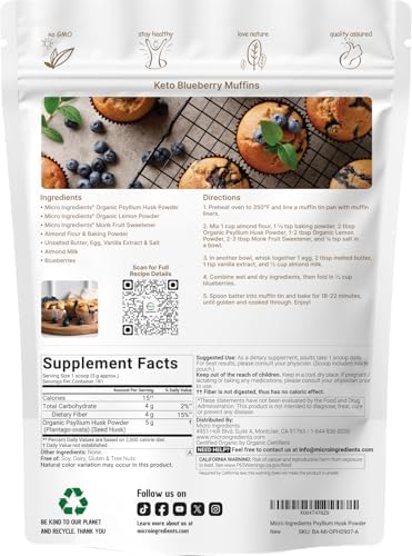 Micro Ingredients Polvo de Cáscara de Psyllium Orgánico, 2lbs (32oz) | Suplemento de Fibra Soluble Diaria | Origen India | No GMO, Amigable con Keto, - imagen 2