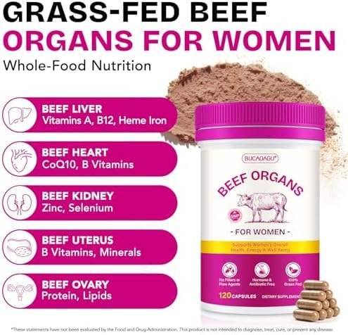 Suplemento de Órganos de Res para Mujeres - Hígado, Riñón, Corazón, Útero y Ovario de Res Alimentada con Pasto - Apoya Energía Femenina y Balance - imagen 2
