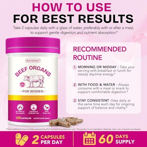 Suplemento de Órganos de Res para Mujeres - Hígado, Riñón, Corazón, Útero y Ovario de Res Alimentada con Pasto - Apoya Energía Femenina y Balance - imagen 6