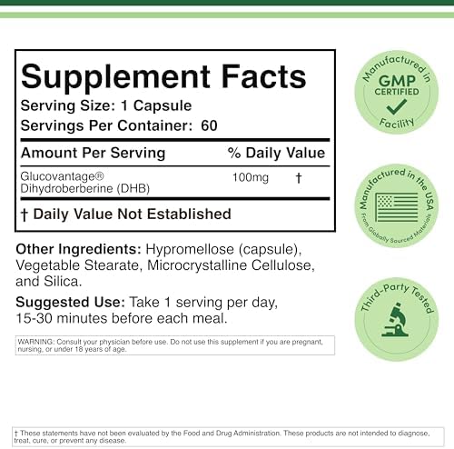 Suplemento de Dihidroberberina 100mg, 60 Cápsulas (GlucoVantage Super Berberina Patente, Puede Ser 5X Más Efectivo Que la Berberina, Menos Efectos - imagen 2