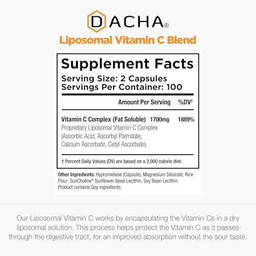 DACHA Vitamina C Liposomal Natural - 1700mg, 200 Cápsulas, Refuerza el Sistema Inmunológico y Colágeno, Alta Absorción, Vegetariano y Vegano - imagen 4