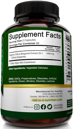 NutriFlair Bergamota Cítrica Orgánica 1400mg, 120 Cápsulas - Suplementos Naturales para la Salud del Corazón - No GMO - imagen 7