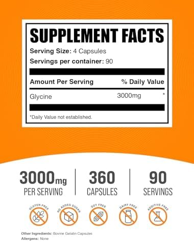 Cápsulas de Glicina BulkSupplements.com - Suplemento de Aminoácidos, Libre de Gluten, 4 Cápsulas por Porción, 360 Contenido (Paquete de 1) - imagen 2