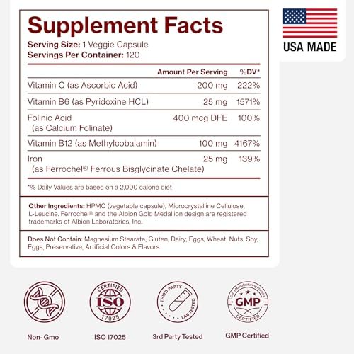 Suplemento de Hierro para Mujeres - Hierro Bisglicinato Quelado 25mg con Vitamina C, B6, B12 y Ácido Fólico - Apoya la Deficiencia de Hierro, Salud - imagen 8