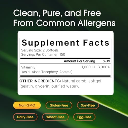 NatureBell Vitamina E 1,000 UI por Porción - 300 Softgels (Suministro de 5 Meses) - Suplemento Antioxidante para la Piel, Corazón y Cerebro - Alta - imagen 3