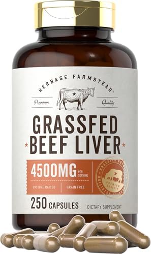Cápsulas de Hígado de Res Alimentado con Pasto Carlyle | 4500mg | 250 Contenido | Suplemento Deshidratado | Sin OGM, Sin Gluten | Herbage Farmstead - imagen 1