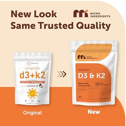Micro Ingredients Vitamina D3 2,000 UI + K2 MK-7 50 mcg, 300 Cápsulas Blandas | Con Aceite de Coco | Fórmula 2 en 1, Fácil de Tragar, No OGM - imagen 2