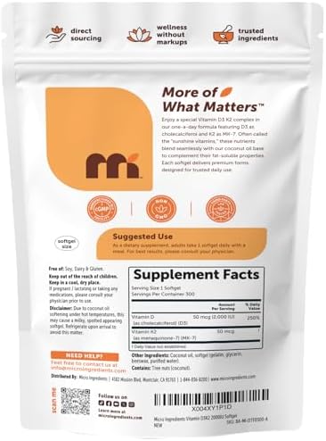 Micro Ingredients Vitamina D3 2,000 UI + K2 MK-7 50 mcg, 300 Cápsulas Blandas | Con Aceite de Coco | Fórmula 2 en 1, Fácil de Tragar, No OGM - imagen 7