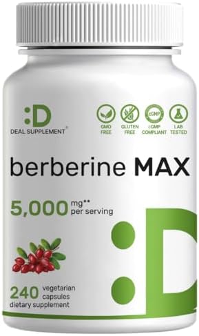 Suplemento DEAL Berberina Max con Cúrcuma, 5000 mg por porción, 240 Cápsulas Vegetarianas | Berberina HCl con Extracto de Raíz de Cúrcuma | No GMO - imagen 1