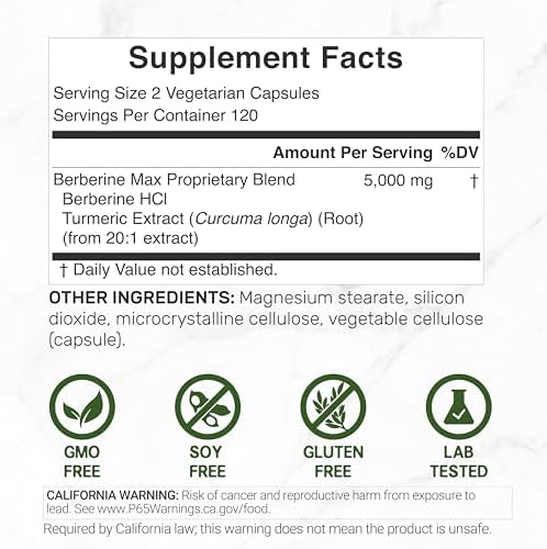 Suplemento DEAL Berberina Max con Cúrcuma, 5000 mg por porción, 240 Cápsulas Vegetarianas | Berberina HCl con Extracto de Raíz de Cúrcuma | No GMO - imagen 2