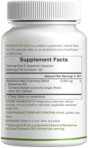 Suplemento DEAL Berberina Max con Cúrcuma, 5000 mg por porción, 240 Cápsulas Vegetarianas | Berberina HCl con Extracto de Raíz de Cúrcuma | No GMO - imagen 6