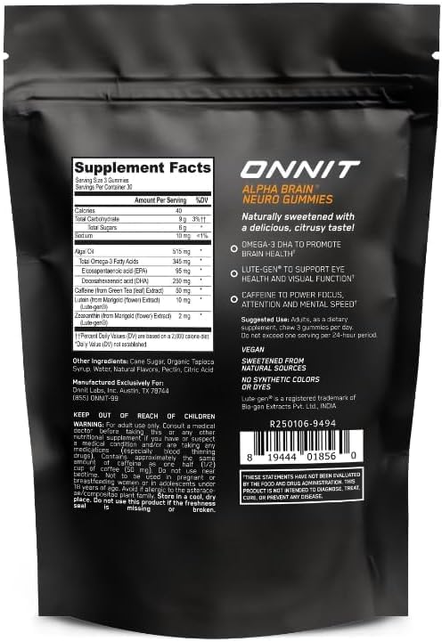 Gomitas ONNIT Alpha Brain Neuro Focus, Veganas y No OGM, con Omega-3, Luteína, Zeaxantina y Cafeína, Suplemento para Cerebro y Enfoque, Sabor - imagen 2