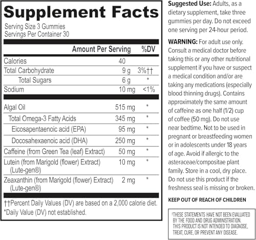 Gomitas ONNIT Alpha Brain Neuro Focus, Veganas y No OGM, con Omega-3, Luteína, Zeaxantina y Cafeína, Suplemento para Cerebro y Enfoque, Sabor - imagen 6