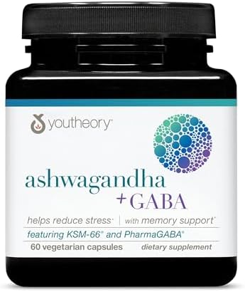 Youtheory Ashwagandha + GABA - Mezcla Adaptógena con KSM-66 Orgánico y Jengibre - Alivia el Estrés y Mejora el Ánimo - 60 Cápsulas Vegetarianas - imagen 1