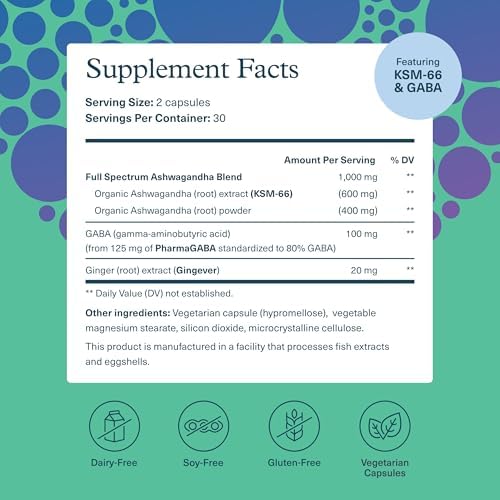 Youtheory Ashwagandha + GABA - Mezcla Adaptógena con KSM-66 Orgánico y Jengibre - Alivia el Estrés y Mejora el Ánimo - 60 Cápsulas Vegetarianas - imagen 2