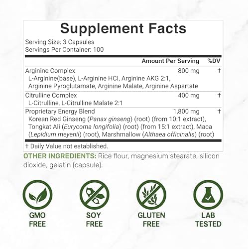 Suplemento de Óxido Nítrico 3,000mg, 300 Cápsulas | Complejo 12 en 1 para Hombres y Mujeres – Arginina, Citrulina, Ginseng Rojo Coreano, Tongkat Ali, - imagen 2