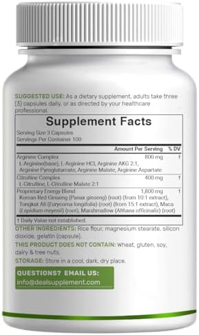 Suplemento de Óxido Nítrico 3,000mg, 300 Cápsulas | Complejo 12 en 1 para Hombres y Mujeres – Arginina, Citrulina, Ginseng Rojo Coreano, Tongkat Ali, - imagen 7