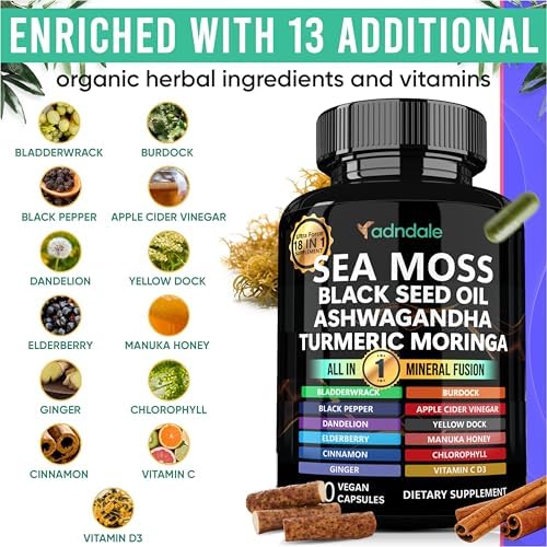 Cápsulas de Musgo Marino Adndale - Mezcla de Musgo Marino con Ashwagandha, Cúrcuma y Aceite de Semilla Negra - 90 Cápsulas - imagen 3