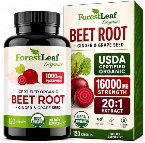 Cápsulas de Raíz de Remolacha USDA Orgánica ForestLeaf - Suplemento de 1000mg 20:1 con Jengibre y Semilla de Uva - Apoya Presión Arterial y - imagen 1