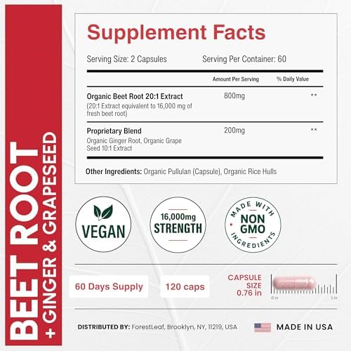 Cápsulas de Raíz de Remolacha USDA Orgánica ForestLeaf - Suplemento de 1000mg 20:1 con Jengibre y Semilla de Uva - Apoya Presión Arterial y - imagen 4
