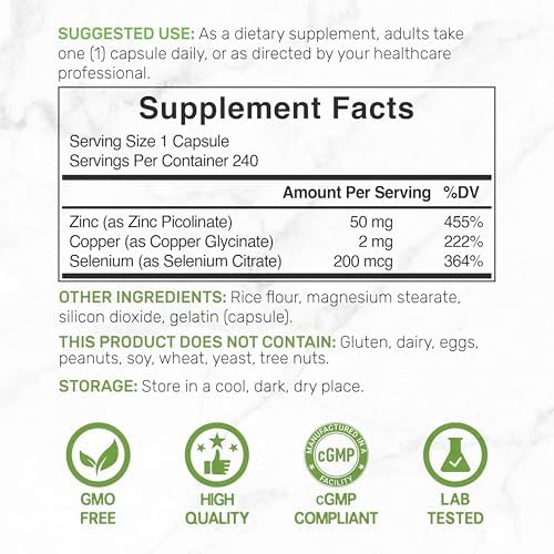Suplemento Deal de Zinc 50mg con Selenio y Cobre, 240 Cápsulas, Suministro para 8 Meses, Fórmula Mineral 3 en 1, Apoya el Sistema Inmunológico para - imagen 2