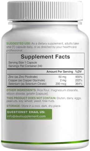 Suplemento Deal de Zinc 50mg con Selenio y Cobre, 240 Cápsulas, Suministro para 8 Meses, Fórmula Mineral 3 en 1, Apoya el Sistema Inmunológico para - imagen 6