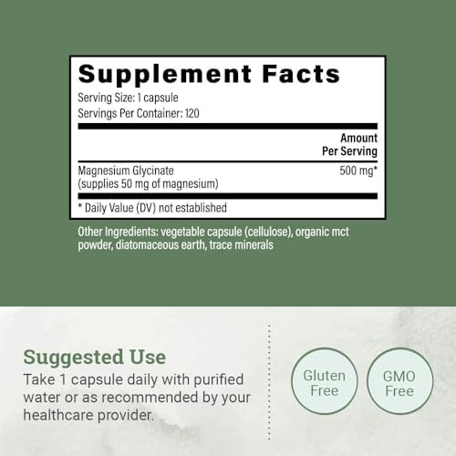 Glicinato de Magnesio Puro 500mg - Suplemento de Magnesio Quelado, Cápsulas de Alta Absorción para el Sueño con MCT Orgánico (120 Cápsulas) - imagen 3
