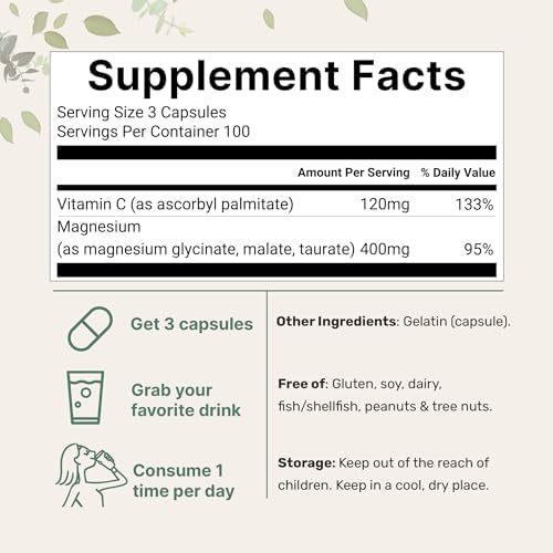 Complejo de Magnesio Puro Micro Ingredients, 300 Cápsulas | Magnesio Glicinato, Malato y Taurato con Vitamina C | 100% Quelado | Apoya Músculos, - imagen 2