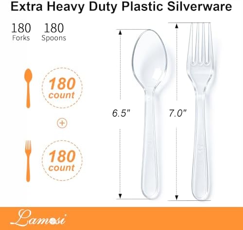 Cubiertos Desechables Lamosi 360 Piezas, 180 Cucharas y 180 Tenedores de Plástico Transparente, Resistentes al Calor y Sin BPA, Ideal para Bodas y - imagen 2