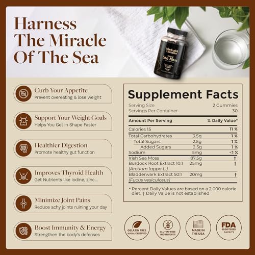 Vitaminas Black Girl - Gomas de Musgo Marino Irlandés - Musgo Marino + Algas Marinas y Bardana - 92 Minerales para Tiroides, Metabolismo e Inmunidad - imagen 5