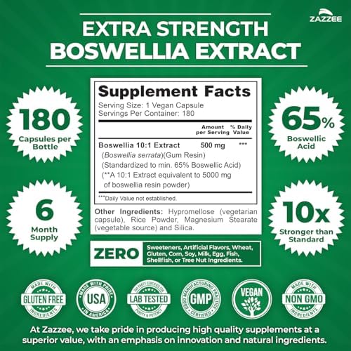 Zazzee Extracto de Boswellia Extra Fuerte 10:1, 65% Ácido Boswélico, 180 Cápsulas Veganas, Suministro para 6 Meses, Soporte para Articulaciones y - imagen 3