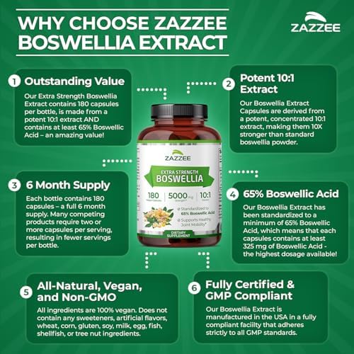 Zazzee Extracto de Boswellia Extra Fuerte 10:1, 65% Ácido Boswélico, 180 Cápsulas Veganas, Suministro para 6 Meses, Soporte para Articulaciones y - imagen 6