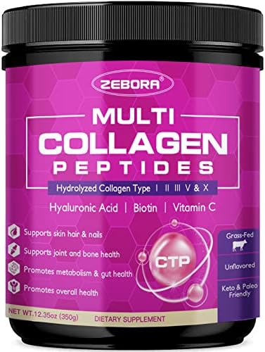 ZEBORA Polvo de Péptidos de Colágeno Múltiple - Colágeno Hidrolizado Tipo I II III V X con Ácido Hialurónico, Biotina y Vitamina C - Apoyo para Piel, - imagen 1