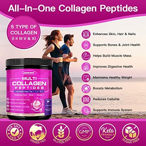 ZEBORA Polvo de Péptidos de Colágeno Múltiple - Colágeno Hidrolizado Tipo I II III V X con Ácido Hialurónico, Biotina y Vitamina C - Apoyo para Piel, - imagen 3