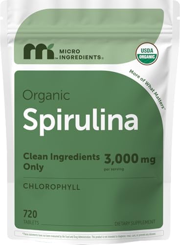 Suplemento de Espirulina Orgánica Micro Ingredients, 720 Tabletas (Suministro de 4 Meses), Sin Rellenos y No Transgénico, Rico en Proteína Vegana, - imagen 1