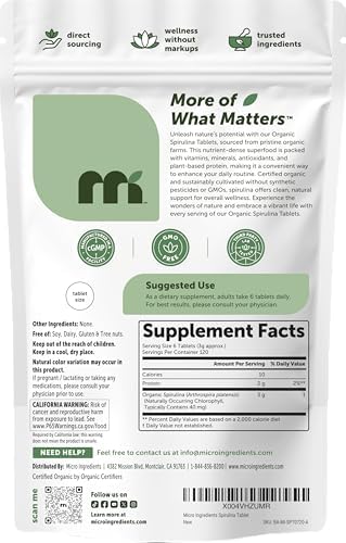Suplemento de Espirulina Orgánica Micro Ingredients, 720 Tabletas (Suministro de 4 Meses), Sin Rellenos y No Transgénico, Rico en Proteína Vegana, - imagen 7