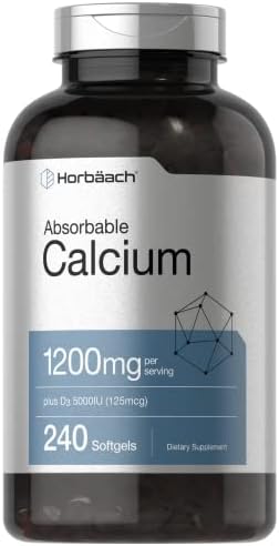 Horbäach Calcio 1200 mg con Vitamina D3 | 240 Gelcaps | Suplemento de Calcio Absorbible para Hombres y Mujeres | Sin OGM, Sin Gluten - imagen 1