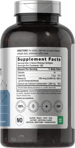 Horbäach Calcio 1200 mg con Vitamina D3 | 240 Gelcaps | Suplemento de Calcio Absorbible para Hombres y Mujeres | Sin OGM, Sin Gluten - imagen 2