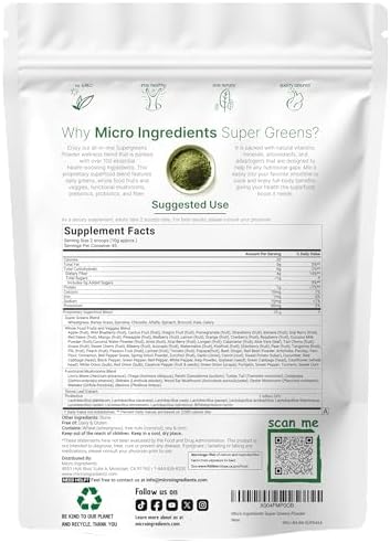 Micro Ingredients Super Greens en Polvo, 1lb | Mezcla de 100 Superalimentos con Verduras, Probióticos, Frutas, Vegetales y Hongos | Fuente de - imagen 2