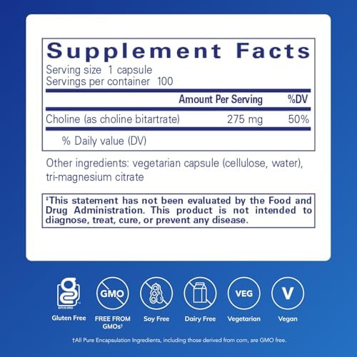 Pure Encapsulations Colina (Bitartrato) - 275 mg - Apoya la Metilación, Salud Cerebral y Función Celular* - Alta Biodisponibilidad - Vegano y No - imagen 2