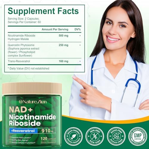 Suplemento de NAD - 910 mg de Nicotinamida Ribósido para Hombres y Mujeres, Liposomal con Resveratrol para Enfoque y Energía - 120 Cápsulas - imagen 2