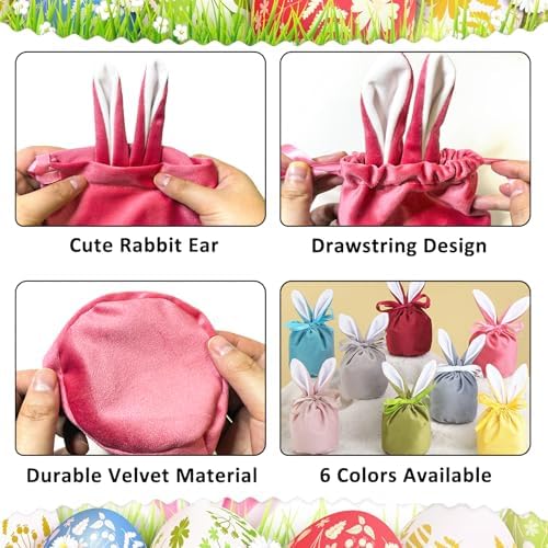 Paquete de 24 Bolsas de Conejo de Pascua de Terciopelo con Cierre, Diseño de Orejas de Conejo, Bolsas de Regalo para Dulces, Galletas y Huevos de - imagen 5