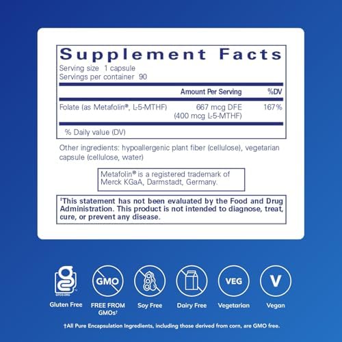 Suplemento de Folato 400 Pure Encapsulations | Metafolin L-5-MTHF para Salud Cardiovascular, Celular y Neural* | 90 Cápsulas - imagen 2